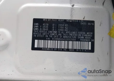 2016 Subaru Legacy 2.5I z USA, uszkodzony, nr VIN 4S3BNBA64G3052068